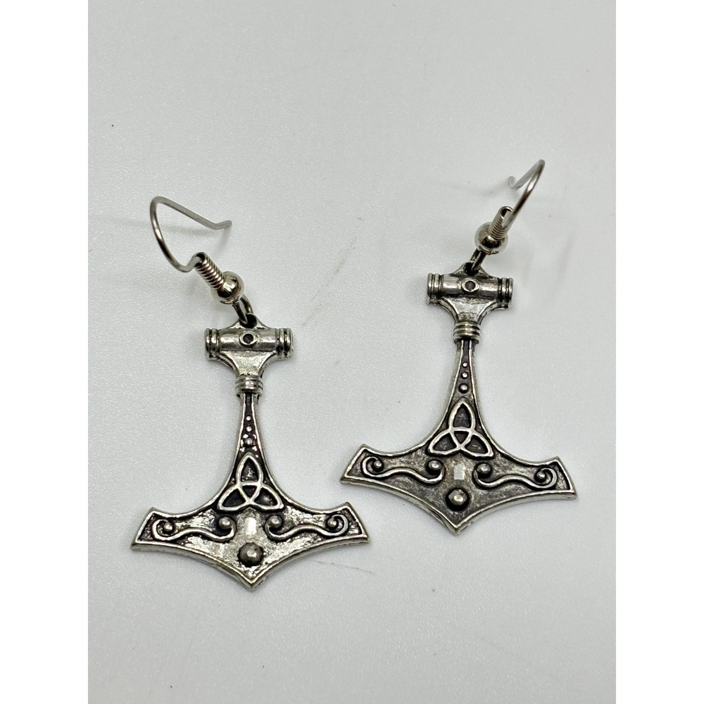 Runy‎ Pike 2013 Mjolnir Thor's Hammer Celtic Knot Silver Tone Dangle Earrings